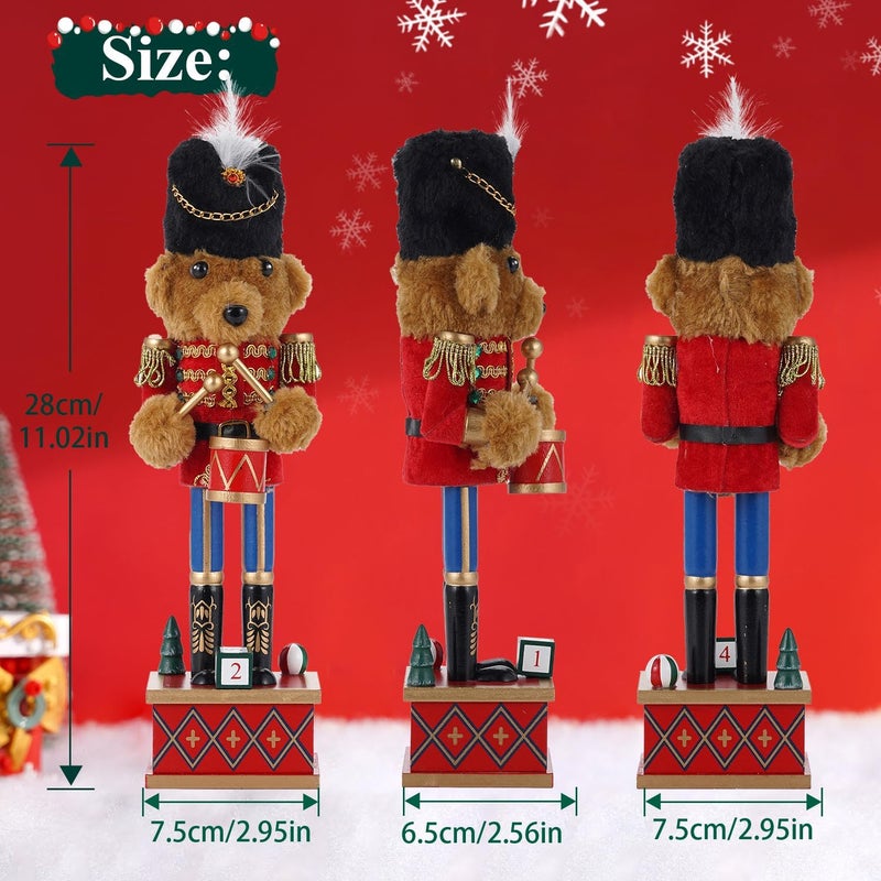 BXO Store Christmas Decorations Nutcracker Figures,11 inch Wooden Nutcracker Premium Plush Bear Drummer Ornaments,Festive Collectible Christmas Nutcracker Figures Party Tabletop Thanksgiving Decor(Bear Drummer) - Image 1